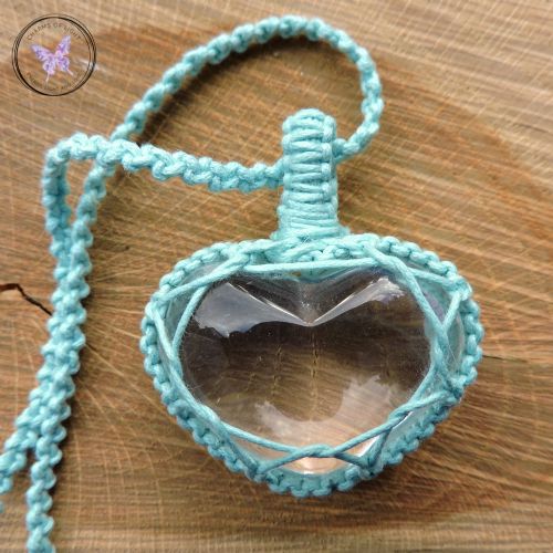 Clear Quartz Heart Macrame Necklace - Light Turquoise Cord